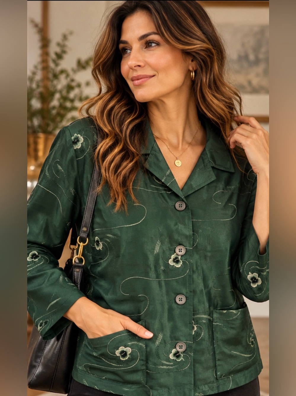 French Laundry 100% Silk Green Embroidered Jacket Women’s Large Boho
